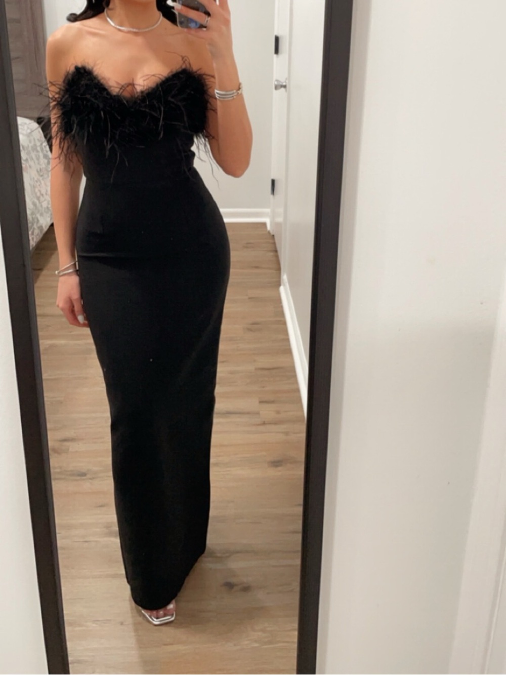 Black Strapless Feather-Trim Column Gown